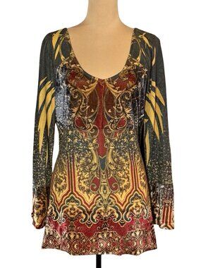 Vintage Y2K  Boho Velvet Babydoll Top Sz L Printed Maximalist